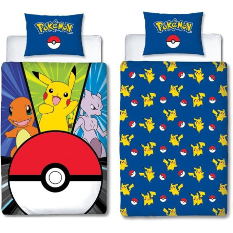 Parure de lit - POKEMON - Pikachu et Poké-ball - Microfibre - 1 housse de couette 140 x 200 cm + 1 taie 63 x 63 cm