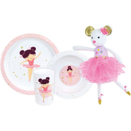 Lot vaisselle - FUN HOUSE - DANSEUSE BALLERINE - Assiette creuse Ø16 cm, plate Ø22 cm, verre 220 ml et peluche musicale 40 cm