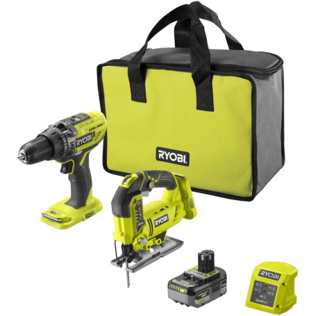 Pack 2 outils - RYOBI - 18V ONE+ - 1 perceuse-visseuse a percussion R18PD3 + 1 scie sauteuse R18JS - 1 batterie 18V 4,0 Ah charg
