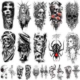 20 Feuilles Tatouage Ephemere Homme, Imperméable Faux Tatouage Autocollant, Réalistes Demi Bras Lion Loup Serpent Rose Joker Crâ