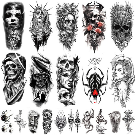 20 Feuilles Tatouage Ephemere Homme, Imperméable Faux Tatouage Autocollant, Réalistes Demi Bras Lion Loup Serpent Rose Joker Crâ