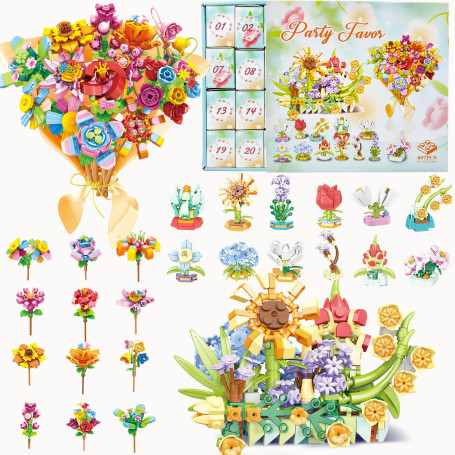 YeahBoom 2025 Calendrier de l'Avent,897 PCS,24 Fleurs en Briques,Idée Cadeau de Noël,Calendrier de Compte à Rebours de Noël Bouq
