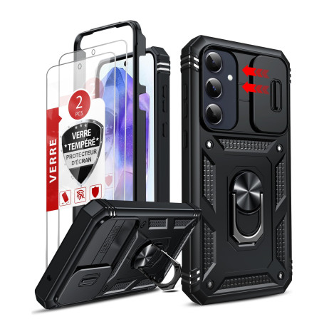 LeYi Coque Samsung Galaxy A55 5G 2*Verre Trempé+Anneau Support, Full Protection Caméra PC Dur Anti-Chut Renforcée Armor Housse E