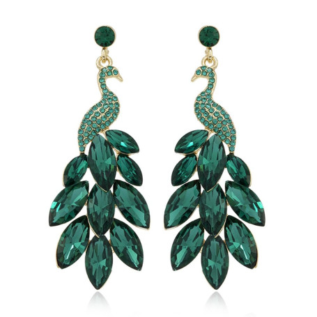 IMINI Boucles d'oreilles paon pour femmes et filles - En cristal vert - Plume de paon - Boucles d'oreilles en cristal bohème - P
