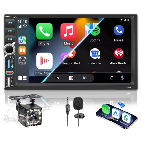 Autoradio 2 DIN BT Autoradio Car Play Voiture avec sans Fil carplay & Android Auto,Double Din 7 Pouces HD Écran Tactile,RDS Radi