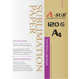 A-SUB Papier de sublimation A4, 210x297 mm, 100 feuilles, 120 g/m², Compatible avec les imprimantes à sublimation EPSON, SAWGRAS A-SUB Papier de sublimation A4, 210x297 mm, 100 feuilles, 120 g/m², Compatible avec les imprimantes à sublimation EPSON, SAWGRAS