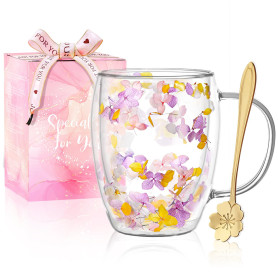 Cadeaux pour Femmes Tasse à Café en Verre à Double Paroi avec Fleurs Séchées Jolies Tasses à Thé avec Poignées Isolées Cadeaux d