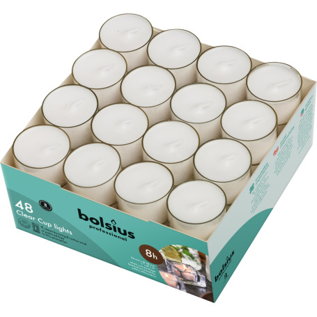BOLSIUS Lot de 48 bougies à thé en forme de cups transparents - Longue durée de combustion - 8 heures - Sans scenté - Pour mood,