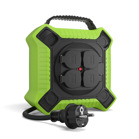 MutecPower enrouleur electrique 15m IP44 rallonge electrique enrouleur avec 4 prises de courant protégées pour usage extérieur, 