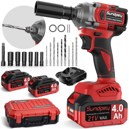 Sundpey Cle a Choc Sans Fil Brushless 650Nm, 21V Boulonneuse à Choc 2 en 1 avec 2x 4.0 Ah Batteries avec 6 Douilles & 9 Forets &