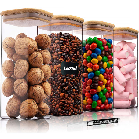 Deco haus® Bocaux en Verre Hermétique Lot de 4 [+ÉTIQUETTES] - Bocal en Verre avec Couvercle 4x1600ml - Bocal Rangement Cuisine 