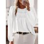 TUUHAW Tee Shirt Femme Boho Col Rond Top Manches Longues Dentelle Blouse Haut Chic et Élégant Chemise Automne Tunique
