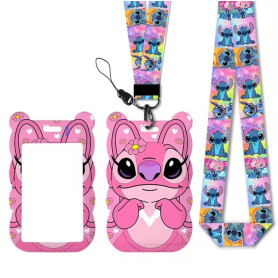 Porte-carte Lilo & Stitch Angel & Stitch – Étui silicone rose + cordon tour de cou coloré – Badge scolaire/carte d’identité/pass