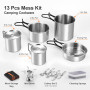 Odoland Lot de 13 casseroles et poêles de camping en acier inoxydable avec tasses et réchaud en acier inoxydable pour camping, r