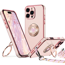 XYZ Coque pour iPhone 16 Pro Max, avec Double Anneau de Support Cœur, avec Lanière pour Filles et Femmes, Coque de Protection de