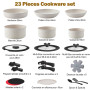 ROSSETTO – Set de cuisine comprenant 23 pièces. Une marmite, une sauteuse, des poêles et des casseroles le tout empliable, poign