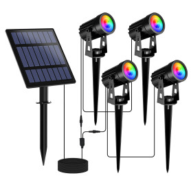 T-SUNUS Spot Solaire Exterieur Multicolore, Lampe Solaire Exterieur Jardin RGB avec 6 Couleurs Etanche IP65 avec 4 Pack 3M Câble