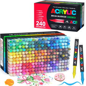 Gunsamg Lot de 240 Couleurs Marqueurs de Peinture Acrylique à Base D'Eau Avec Pointe Pinceau Flexible de 1 à 5 Mm pour Peinture 