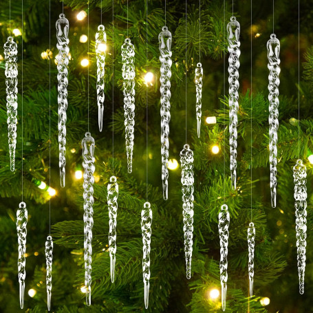 ZoZoMaiy 24 Pièces Cristal Glaçon Ornement Suspendu 13cm Stalactites Sapin de Noël en Acrylique avec 30M Ligne de Cristal, Placo