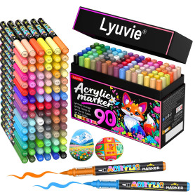Lyuvie 90 Couleurs Feutre Acrylique, Acrylic Paint Brush Marker à Peinture à Base D'eau, Marqueur Peinture Acrylique pour Pierre