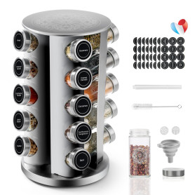 SXTIHD Carrousel à Épices en Acier Inoxydable avec Verres à Épices Ronds 20 * 100ml, Porte Épices Cuisine Rotatif, Étiquette en 