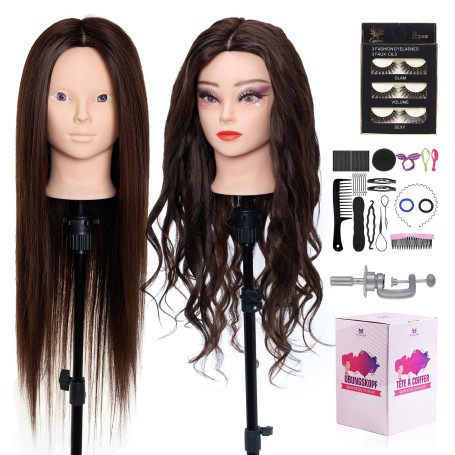 Tête d'entraînement avec 60% de vrais Cheveux Humains,28 Pouces Maquillage Cosmétologie Mannequin Tête avec Cheveux,Tressage Coi