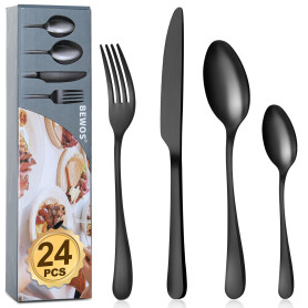 BEWOS 24 pièces Ensemble de couverts noir mat de haute qualité en acier inoxydable, couverts set fourchettes, couteaux, cuillère