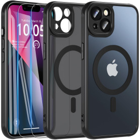 Kuaguozhe Magnétique Coque pour iPhone 13 avec 2 Verre Trempé, Compatible avec MagSafe, Protection Antichoc Coque Etui Mat Arriè