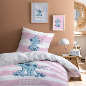 Disney Stitch Stripe Parure de Lit Enfant | 100% Coton | OEKO-TEX | Housse de couette 140x200cm + Taie d'oreiller 63x63cm | Impr