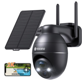 YESKANO 2K Camera Surveillance WiFi Exterieure sans Fil Solaire 360° PTZ Caméra Exterieur Solaire Batterie 2,4 GHz, Vision Noctu