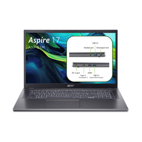 Acer Aspire 17 A17-51M-51CV, Ordinateur Portable 17,3" Full HD IPS 60 Hz (Intel Core i5-1334U, RAM 16 Go, SSD 512 Go, Intel XE G