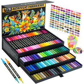 Lyuvie 176 Couleurs Feutre Acrylique,88 Pcs Acrylic Paint Marker Marqueur Peinture Acrylique Pointe Brush pour Roche Tissu Pierr