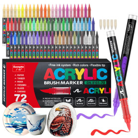 Gelanty Feutre Acrylique, 72 couleurs Acrylic Paint Marker avec embout pinceau flexible, liquide direct Acrylic Brush Marker feu