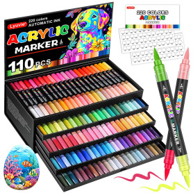 Lyuvie 220 Couleurs Feutre Acrylique,110 Pcs Acrylic Paint Marker Marqueur Peinture Acrylique Pointe Brush pour Roche Tissu Pier