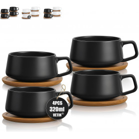 VETIN Lot de 4 Tasses à cappuccino avec soucoupe, tasse en marbre, 320 ml, en porcelaine, pour thé, café, cappuccino, tasses à c