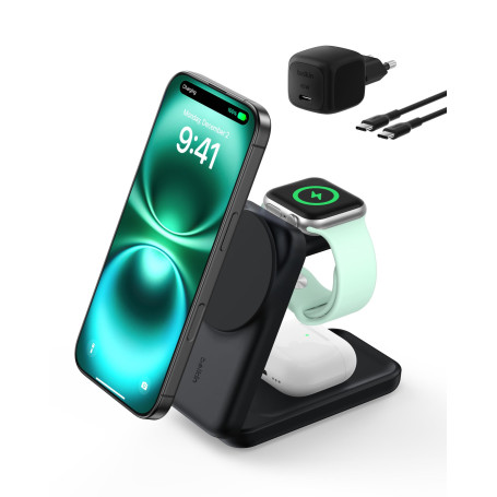 Belkin UltraCharge Chargeur Induction 3 en 1 Qi2, Station de Charge Magnétique 25W, Chargeur sans Fil avec MagSafe pour iPhone 1