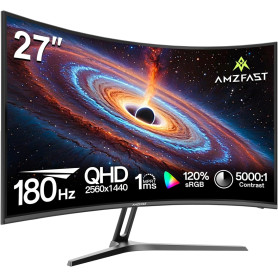 Amzfast Écran PC Gaming 27 Pouces Incurvé, 2k QHD(2560 x 1440), 180 Hz Moniteur, 1Ms MPRT, 1500R, sRGB 130%, Adpative Sync, HDR,