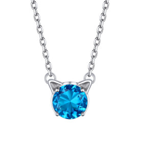 PROSILVER Collier Femme Pierre de Naissance Argent 925, Pendentif Fille Tête de Chat Mignon en Zircon Cubique