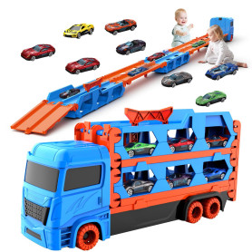 Camion Jouet avec 8 Voitures, Voiture Jouet pour Enfants de 3,4,5,6,7,8+Ans, Garage, Camion de Transporteur Portable et Pliable 