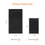 Amazon Basics Set de Bain 6 Pièces - 100% Coton Anti-décoloration - 2 Draps de Bain + 4 Serviettes de Toilette, Noir