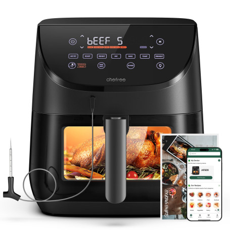 CHEFREE Air Fryer, 6.5L airfryer avec Sonde de Température, Écran Tactile LED et Vitre d'Observation, 7 Programmes pour une Cuis