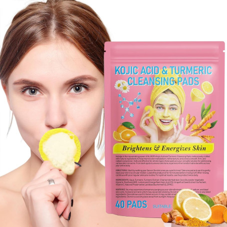 Turmeric Kojic Acid Cleansing Pads, 40pcs tampons de nettoyage à l'acide kojique, tampons de nettoyage Turmeric Kojic Acid, pour