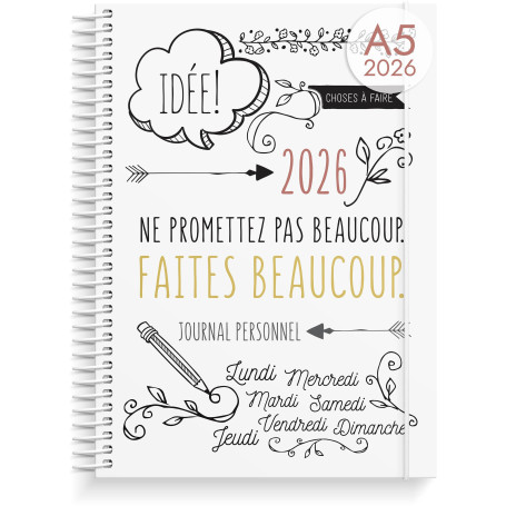 Burde Doodle A5 2026, Agenda A5 à Spirales – Organiseur Compact & Élégant, Planning Scolaire & Professionnel Daté, Journal Hebdo