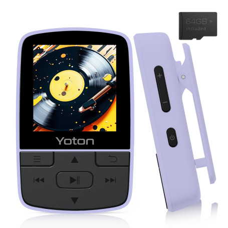 Yoton Lecteur MP3 Baladeur avec Bluetooth 5.2, 64 Go de mémoire, Radio FM, Enregistrement Vocal, contrôle du Volume indépendant,