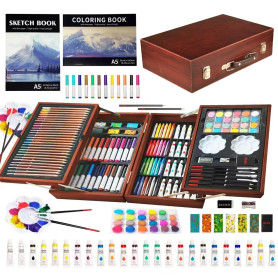KINSPORY Mallette dessin Enfant, 139 pièces coloriage kit dessin Enfant, Art Set, Mallette de Coloriage avec boîte en bois (Brun