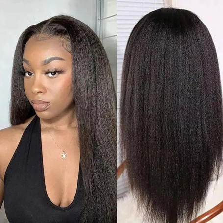 4x4 HD Lace Front Yaki Straight Perruques Cheveux Humains Yaki Lace Frontal Wigs 180% Densité Cheveux Brésiliens Pré Pincés avec