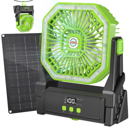 Astarama Ventilateur solaire de 10 000 mAh avec panneau solaire de 10 W et lumière, ventilateur à 4 vitesses à piles avec écran 