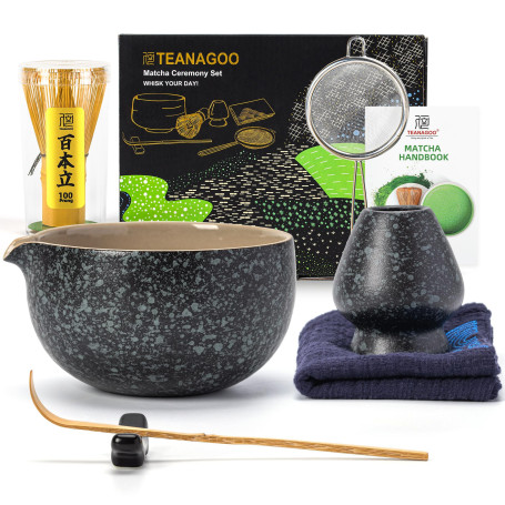 TEANAGOO Fouet Matcha, 7 pcs Matcha Kit, Kit Matcha Cérémonie, Set Matcha pour le petit-déjeuner/latte, Bol Matcha (Chawan), Cui