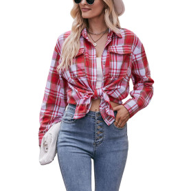 YILEEGOO Chemisier décontracté en flanelle à carreaux pour femme - Col à revers boutonné - Couleurs contrastées - Manches longue