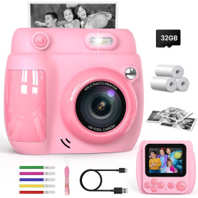 Gofunly Appareil Photo Instantané Enfant 2,4 Pouces - Caméra Vidéo Numérique 1080P avec Carte 32GB & 3 Rouleaux de Papier, Cadea